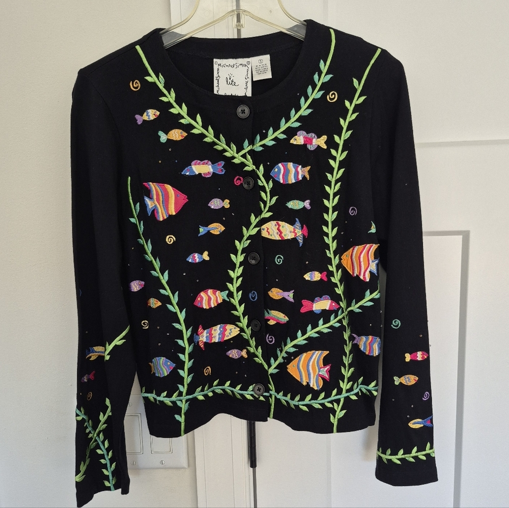 Michael Simon Cardigan Black Fish Embroidered Long Sleeve Button Up Size S - Picture 2 of 9